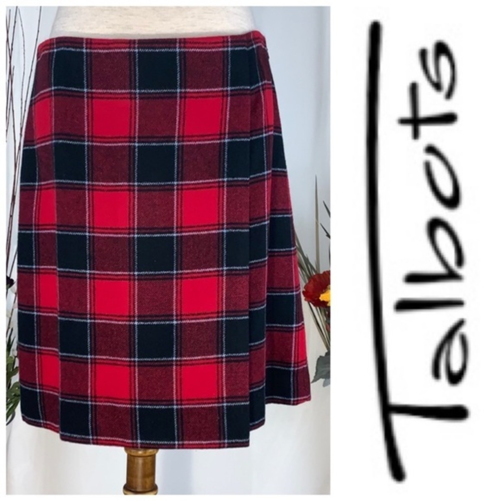 Talbots red, black and white plaid wrapped skirt.